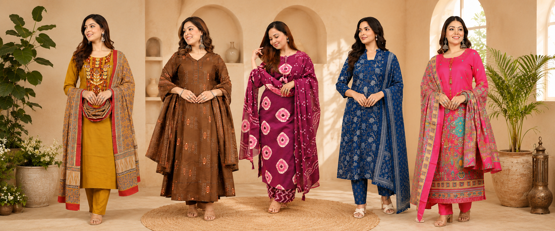 Five women wearing colorful traditional Indian cotton kurta sets with dupattas, featuring embroidered and printed designs in mustard, brown, magenta, blue, and pink.