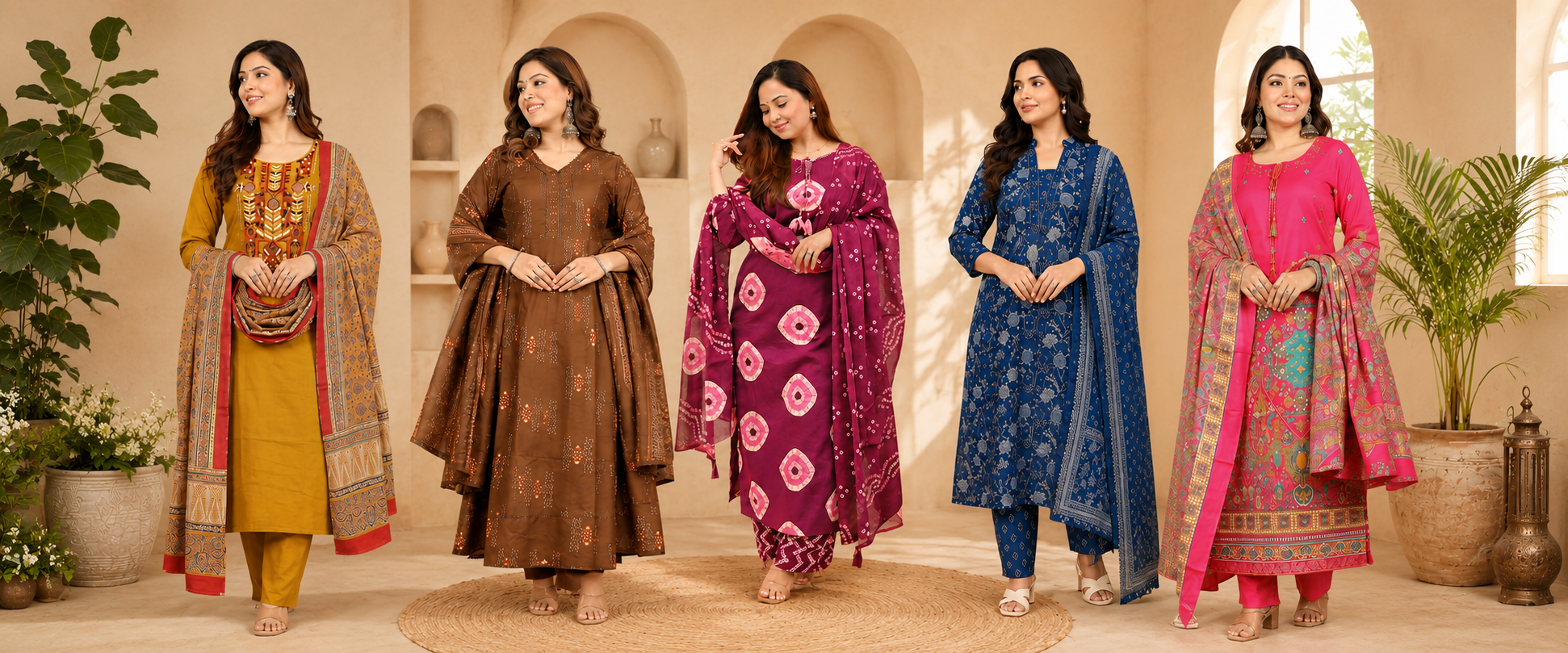Five women wearing colorful traditional Indian cotton kurta sets with dupattas, featuring embroidered and printed designs in mustard, brown, magenta, blue, and pink.