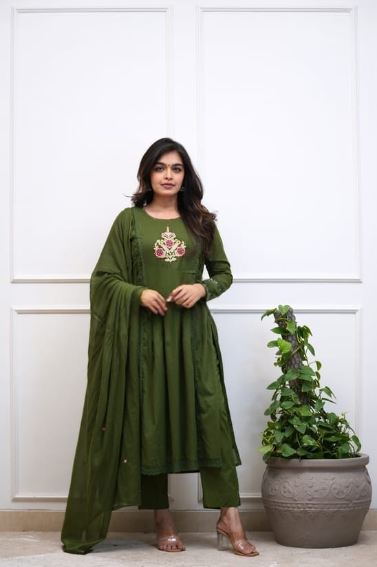 Women's Premium Cotton Embroidered A-Line Kurta Set with Dupatta