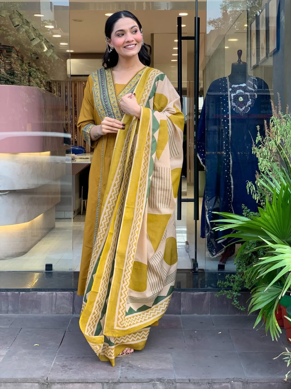 Women's Premium Cotton Embroidered Straight Kurta Set with Pants & Printed Dupatta