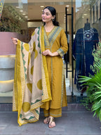 Women's Premium Cotton Embroidered Straight Kurta Set with Pants & Printed Dupatta