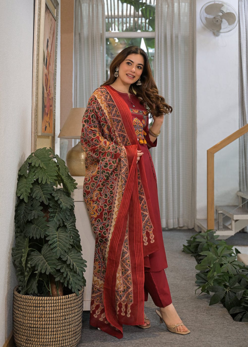 Women's Premium Cotton A-Line Embroidered Kurta Set with Printed Dupatta