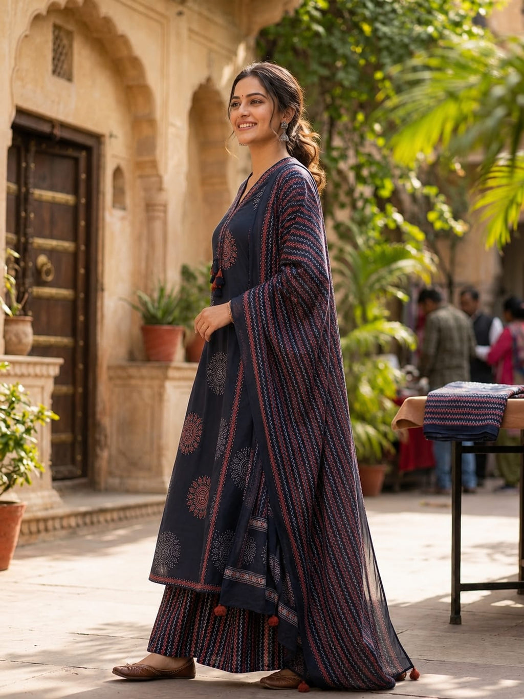 Women's Printed A-Line Kurta Set with Flared Dividers & Designer Dupatta