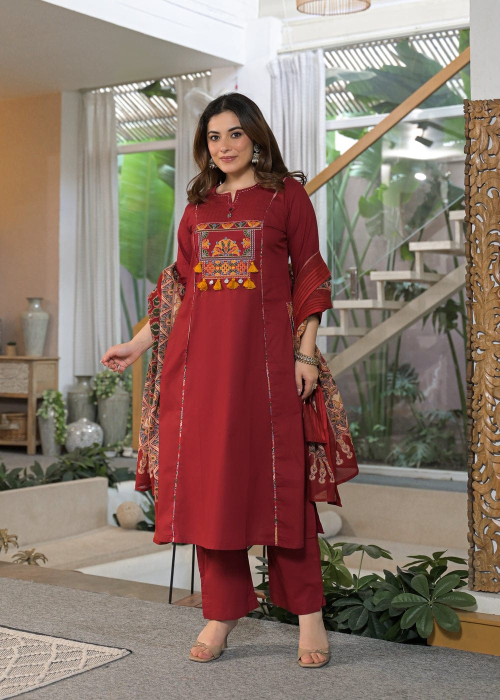 Women's Premium Cotton A-Line Embroidered Kurta Set with Printed Dupatta
