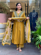 Women's Premium Cotton Embroidered Straight Kurta Set with Pants & Printed Dupatta