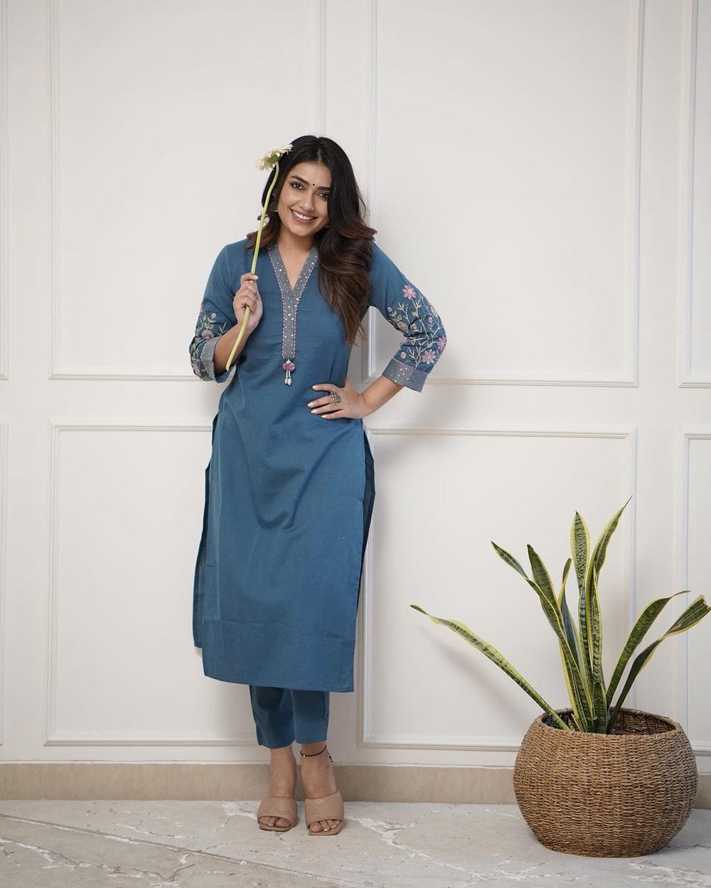 Women's Premium Cotton Slub Embroidered Kurta Pant Set
