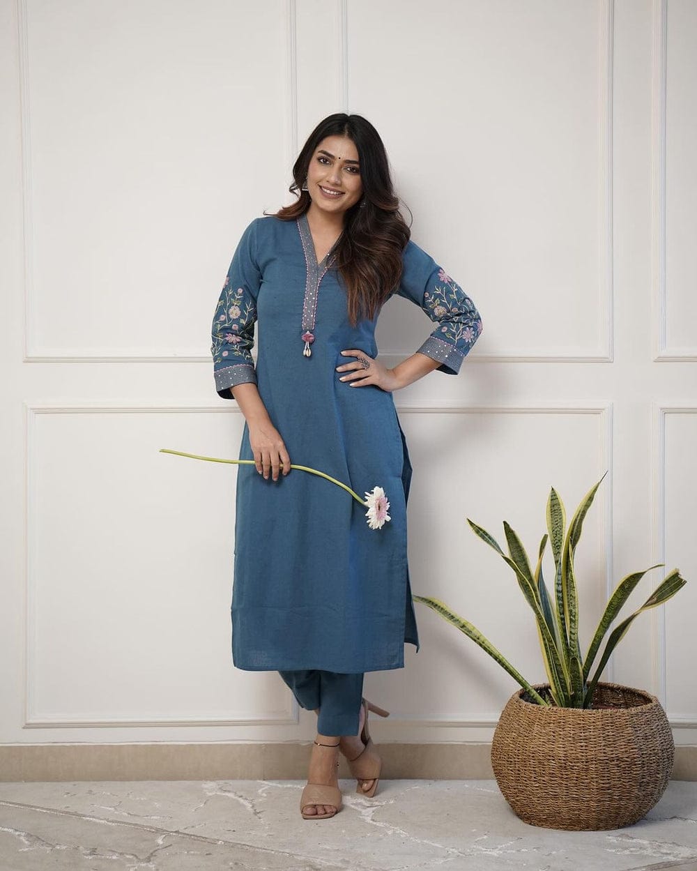 Women's Premium Cotton Slub Embroidered Kurta Pant Set