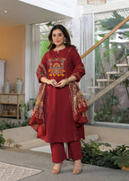 Women's Premium Cotton A-Line Embroidered Kurta Set with Printed Dupatta