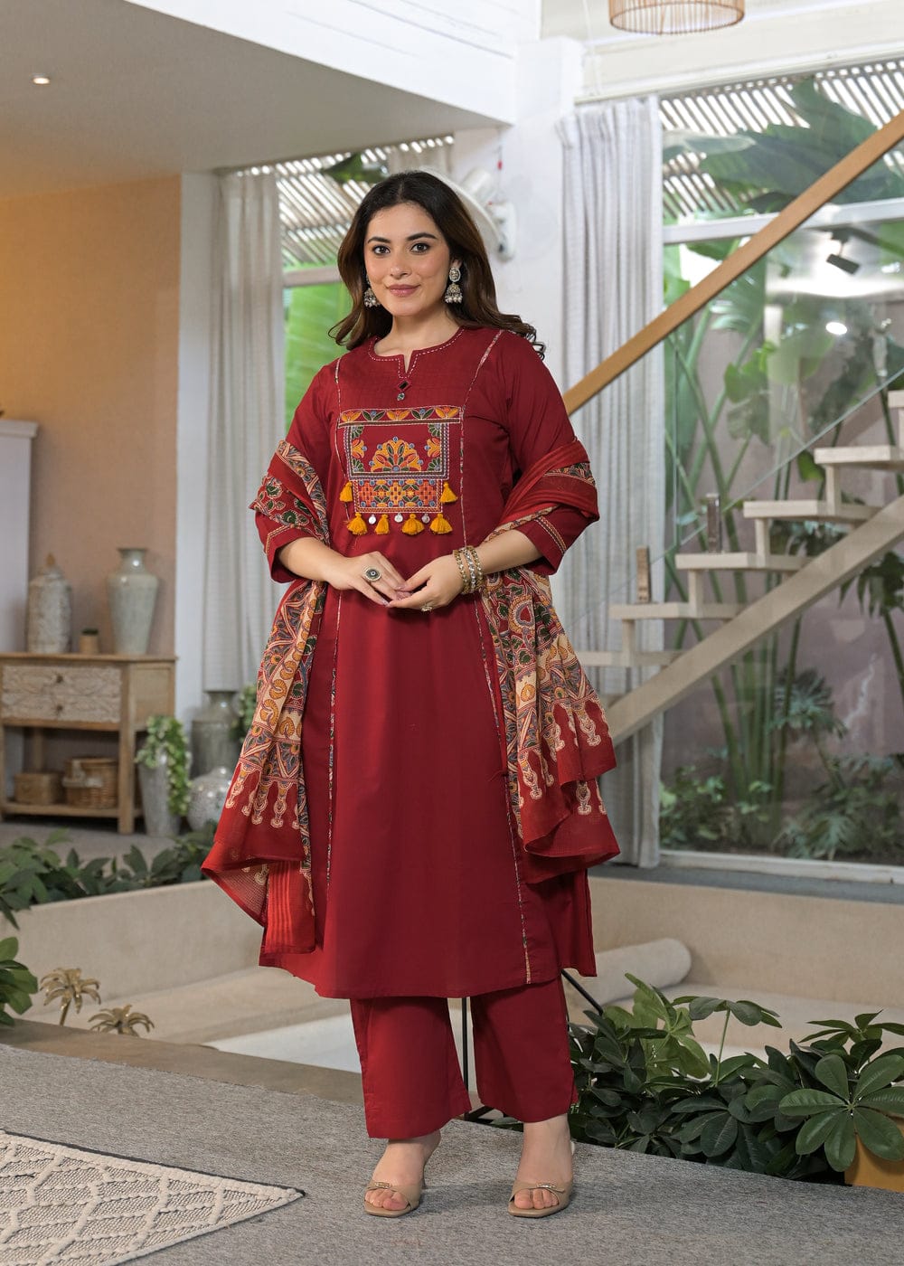 Women's Premium Cotton A-Line Embroidered Kurta Set with Printed Dupatta