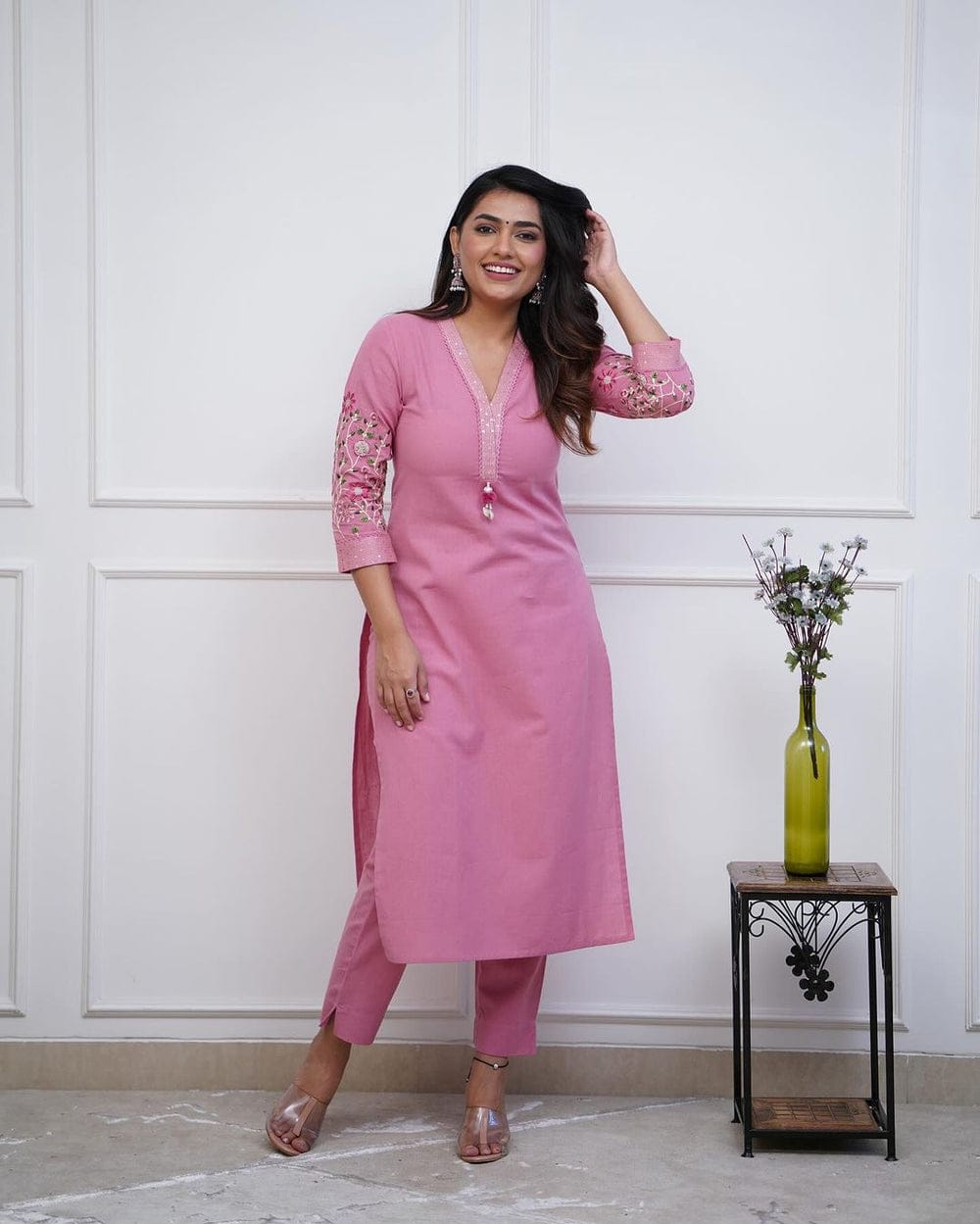 Women's Premium Cotton Slub Embroidered Kurta Pant Set