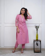 Women's Premium Cotton Slub Embroidered Kurta Pant Set