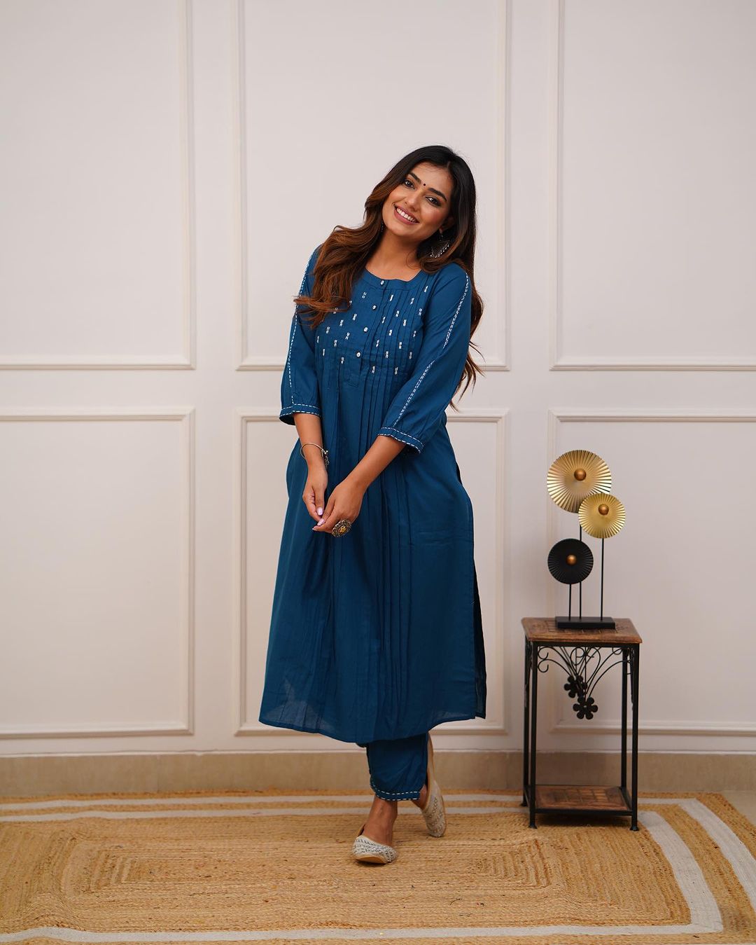 Women's Pintex & Manual Tagai Work A-Line Kurti Set with Pants