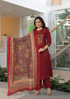 Women's Premium Cotton A-Line Embroidered Kurta Set with Printed Dupatta
