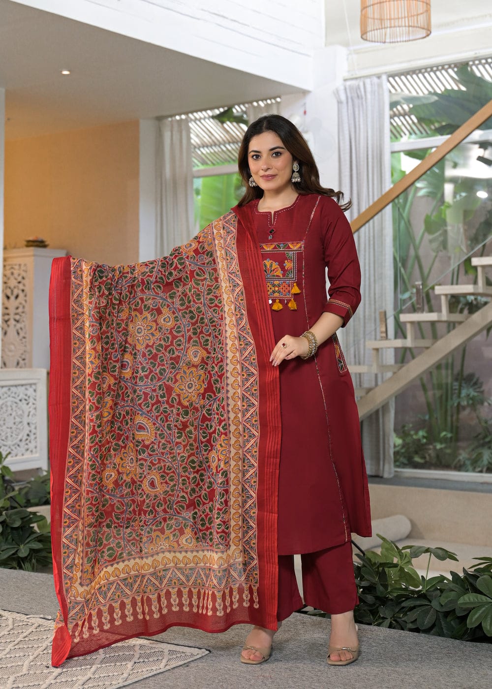 Women's Premium Cotton A-Line Embroidered Kurta Set with Printed Dupatta
