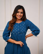 Women's Pintex & Manual Tagai Work A-Line Kurti Set with Pants