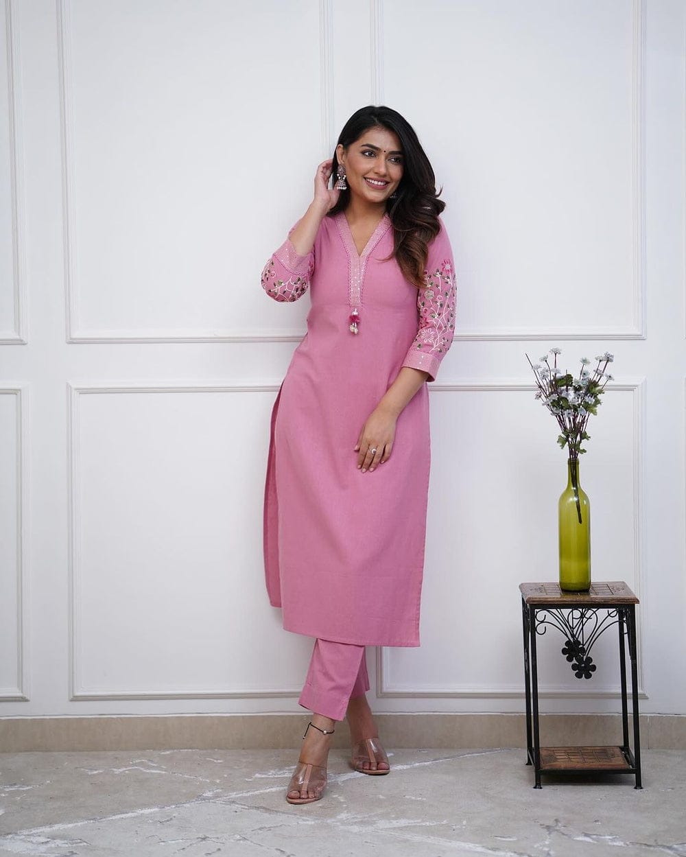 Women's Premium Cotton Slub Embroidered Kurta Pant Set