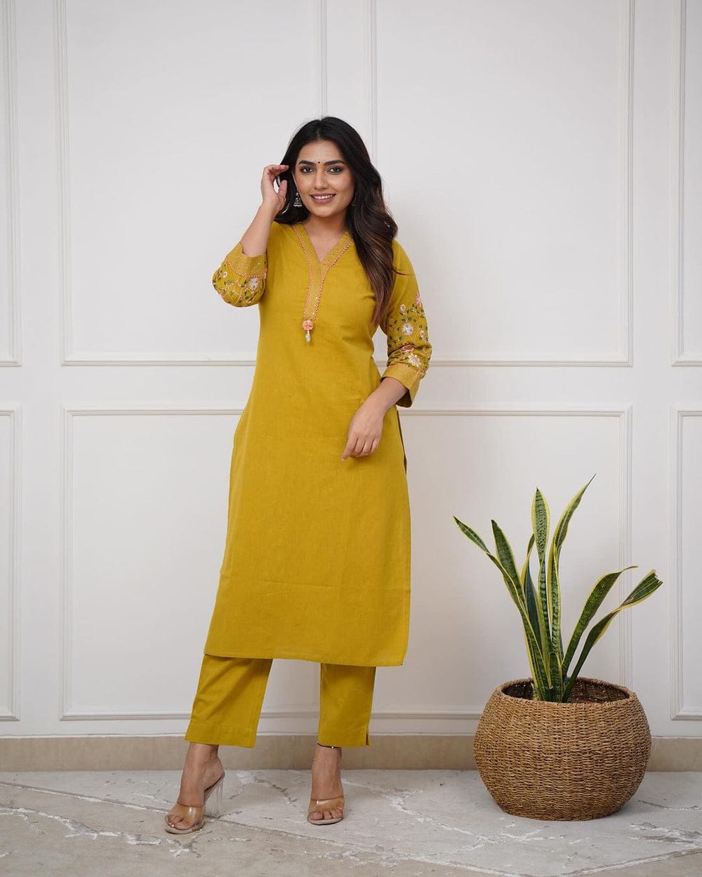 Women's Premium Cotton Slub Embroidered Kurta Pant Set