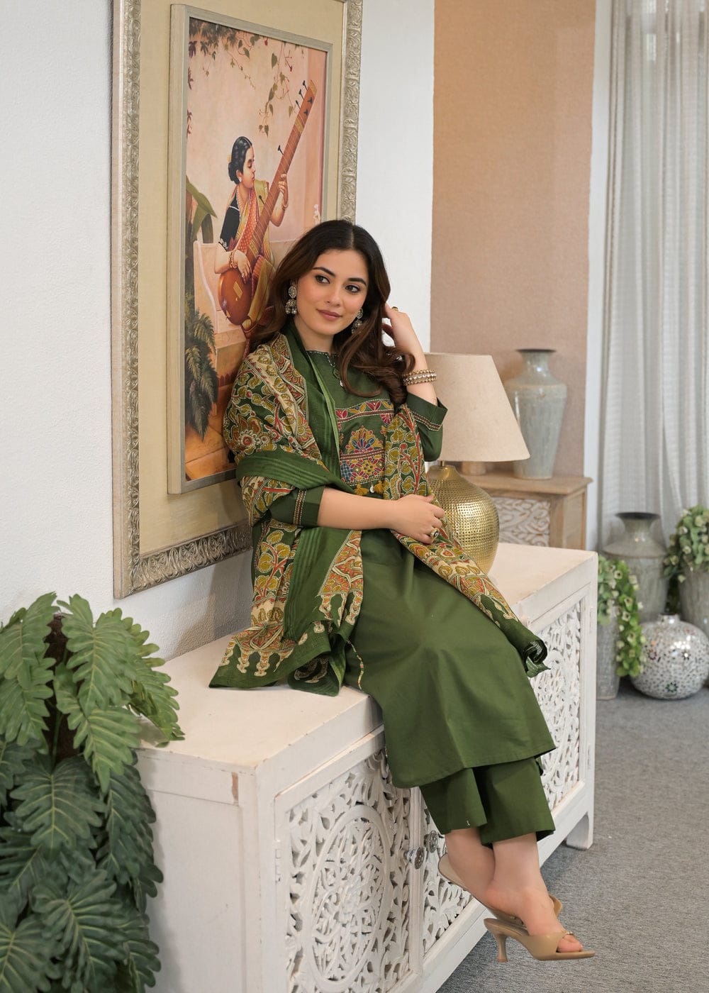 Women's Premium Cotton A-Line Embroidered Kurta Set with Printed Dupatta