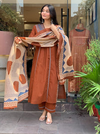 Women's Premium Cotton Embroidered Straight Kurta Set with Pants & Printed Dupatta