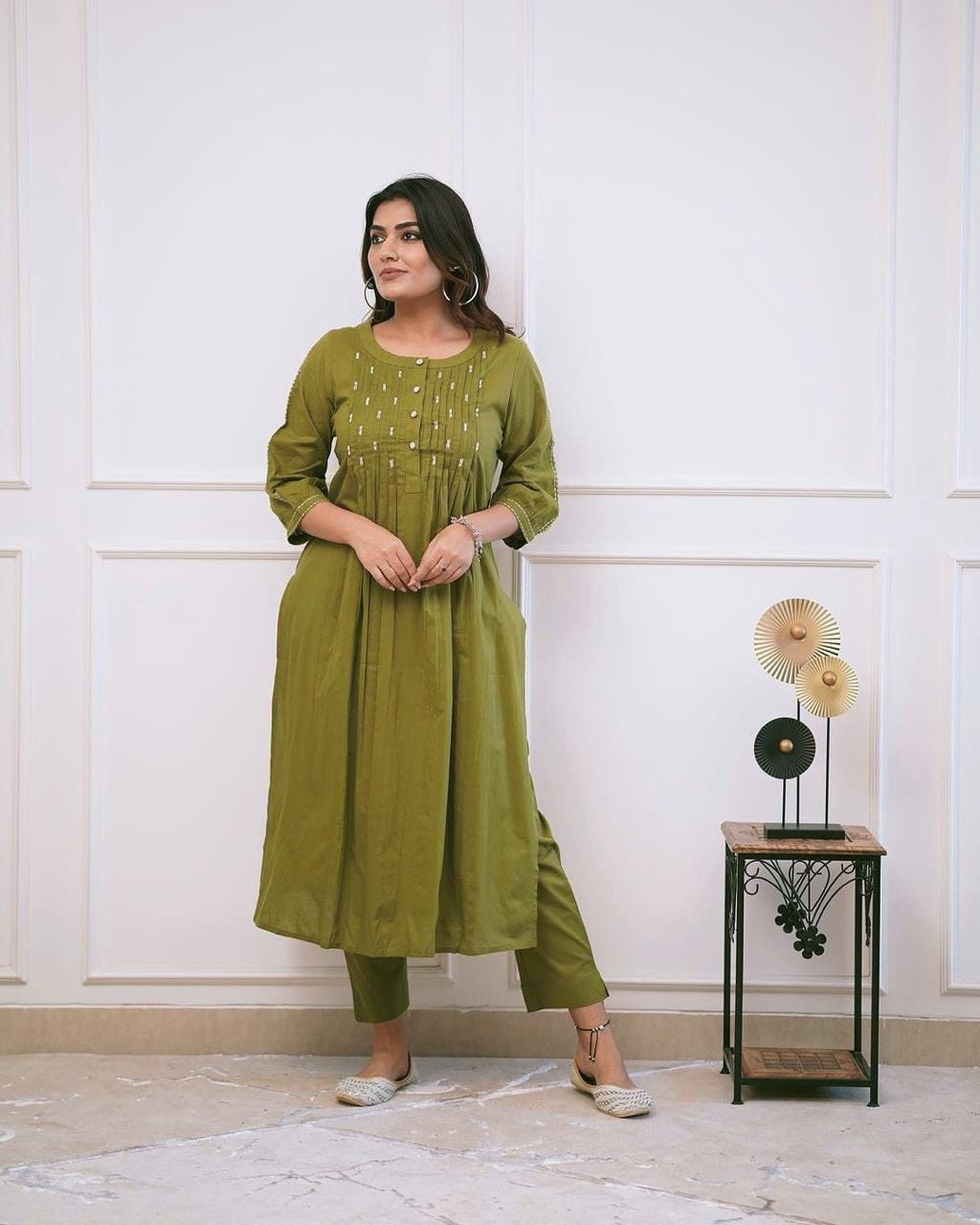Women's Pintex & Manual Tagai Work A-Line Kurti Set with Pants