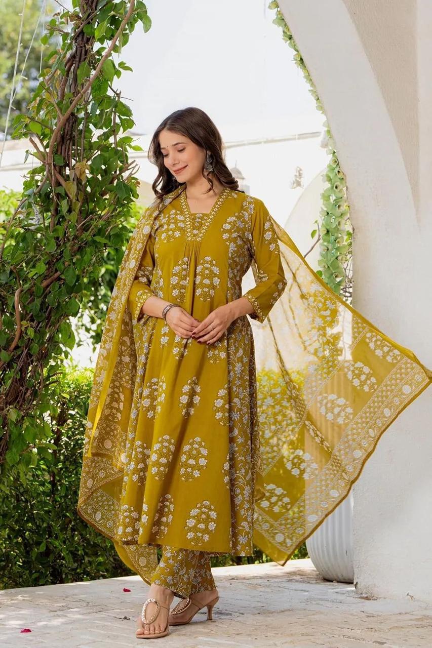 Women's Pure Fine Cotton Floral Printed Kurti Set with Pants & Mulmul Dupatta