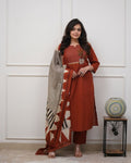 Women's Rust Embroidered Kurti Set with Printed Dupatta & Straight Pants
