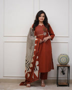 Women's Rust Embroidered Kurti Set with Printed Dupatta & Straight Pants