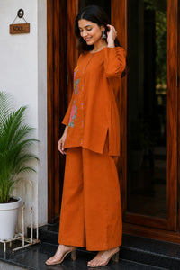 Women's Premium Cotton Embroidered Co-Ord Set with Wide-Leg Pants