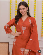 Women's Cotton A-Line Embroidered Kurti Set with Pants & Dupatta
