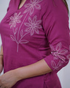 Women's Magenta Premium Cotton Embroidered Co-Ord Set with Straight Pants