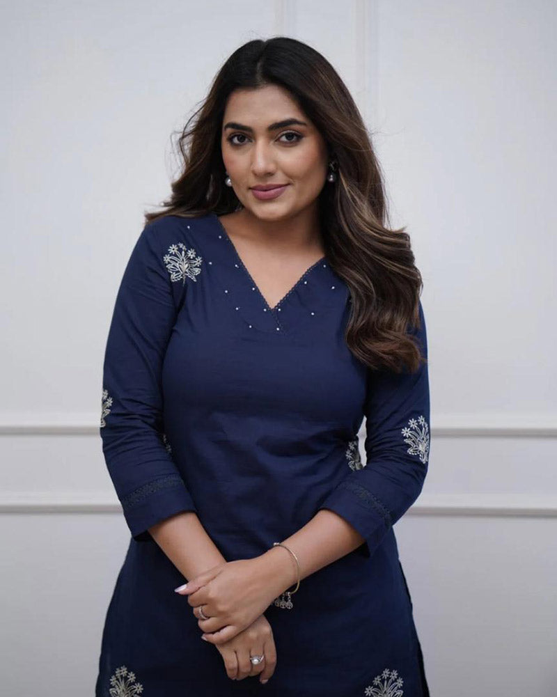 Women's Embroidered Straight Kurti Set with Lace Work Pants