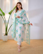 Women's Premium Floral Printed Cotton Kurti Set with Mul Cotton Dupatta