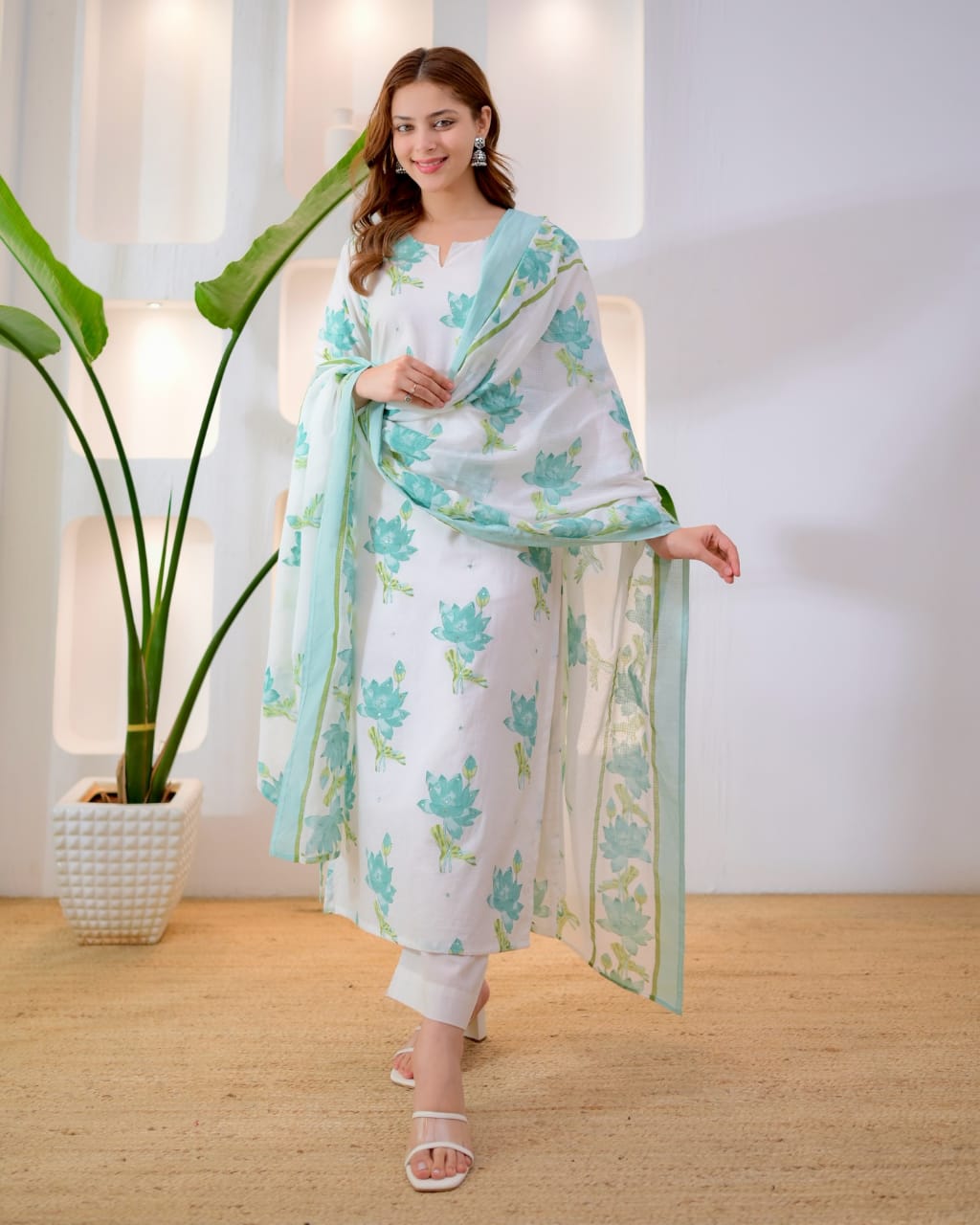 Women's Premium Floral Printed Cotton Kurti Set with Mul Cotton Dupatta