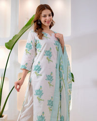Women's Premium Floral Printed Cotton Kurti Set with Mul Cotton Dupatta