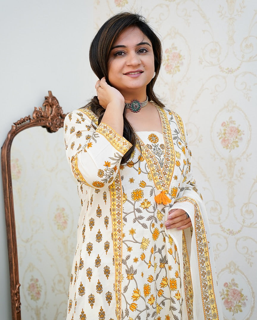 Women's Floral Printed Cotton Kurta Set with Pleated Salwar & Soft Cotton Dupatta