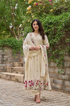 Women's Premium Pure Cotton Embroidered Anarkali Kurta Set with Pants & Dupatta