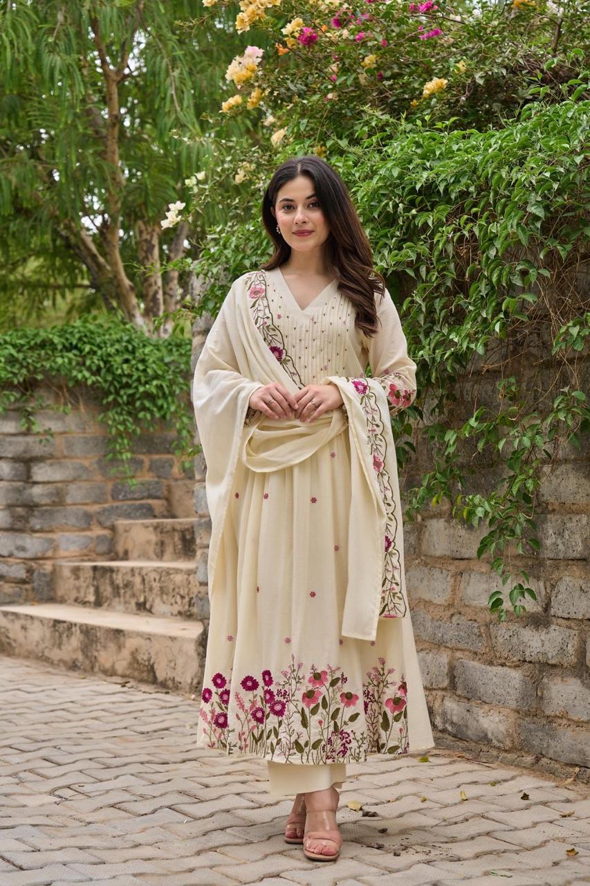 Women's Premium Pure Cotton Embroidered Anarkali Kurta Set with Pants & Dupatta