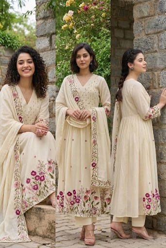 Women's Premium Pure Cotton Embroidered Anarkali Kurta Set with Pants & Dupatta