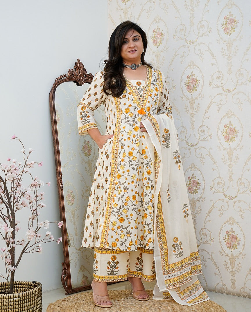 Women's Floral Printed Cotton Kurta Set with Pleated Salwar & Soft Cotton Dupatta