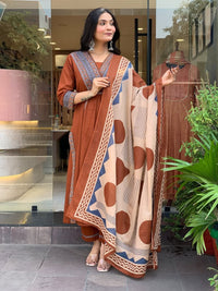 Women's Premium Cotton Embroidered Straight Kurta Set with Pants & Printed Dupatta
