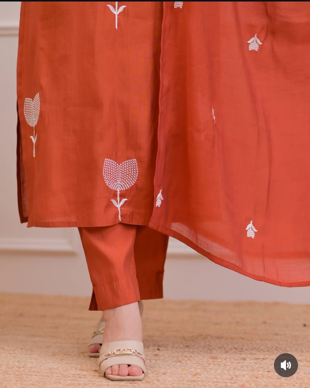 Women's Cotton A-Line Embroidered Kurti Set with Pants & Dupatta