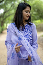 Women's Embroidered Cotton Kurta Set with Organza Dupatta