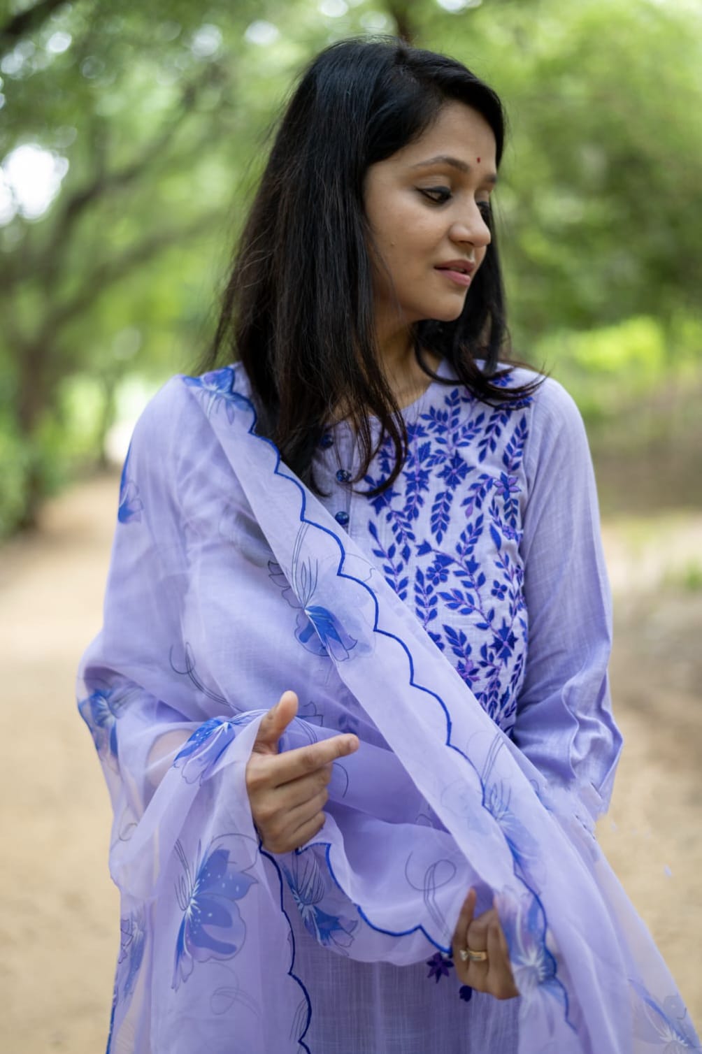 Women's Embroidered Cotton Kurta Set with Organza Dupatta