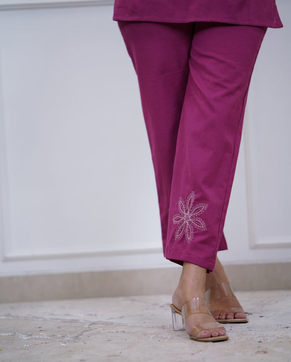 Women's Magenta Premium Cotton Embroidered Co-Ord Set with Straight Pants