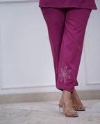 Women's Magenta Premium Cotton Embroidered Co-Ord Set with Straight Pants