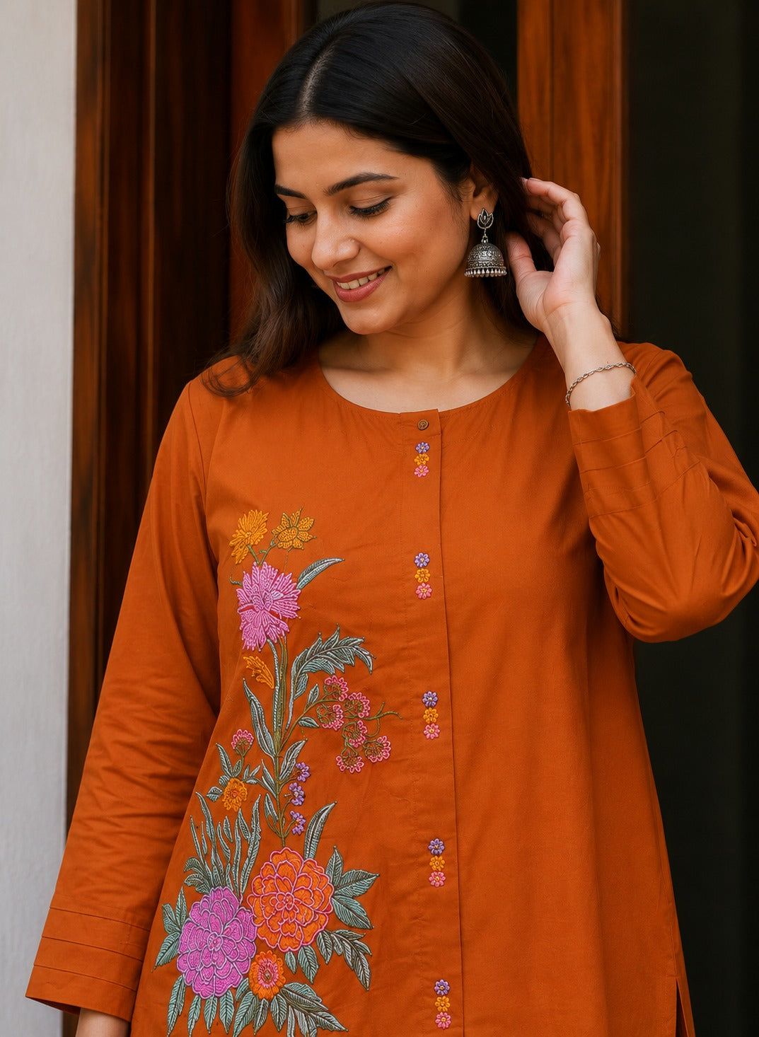 Women's Premium Cotton Embroidered Co-Ord Set with Wide-Leg Pants