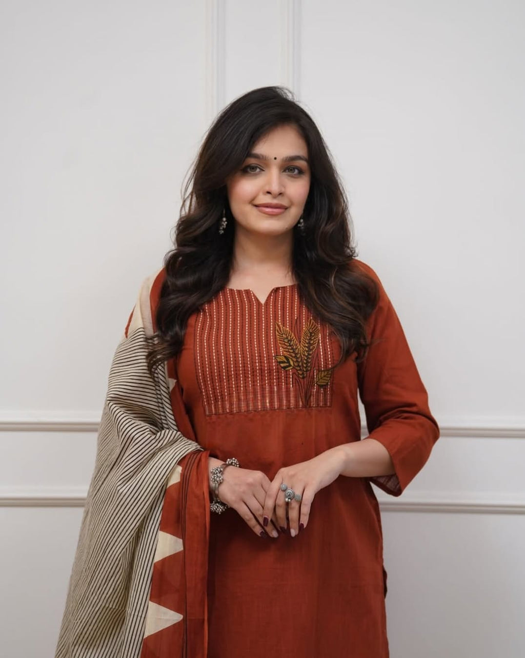 Women's Rust Embroidered Kurti Set with Printed Dupatta & Straight Pants