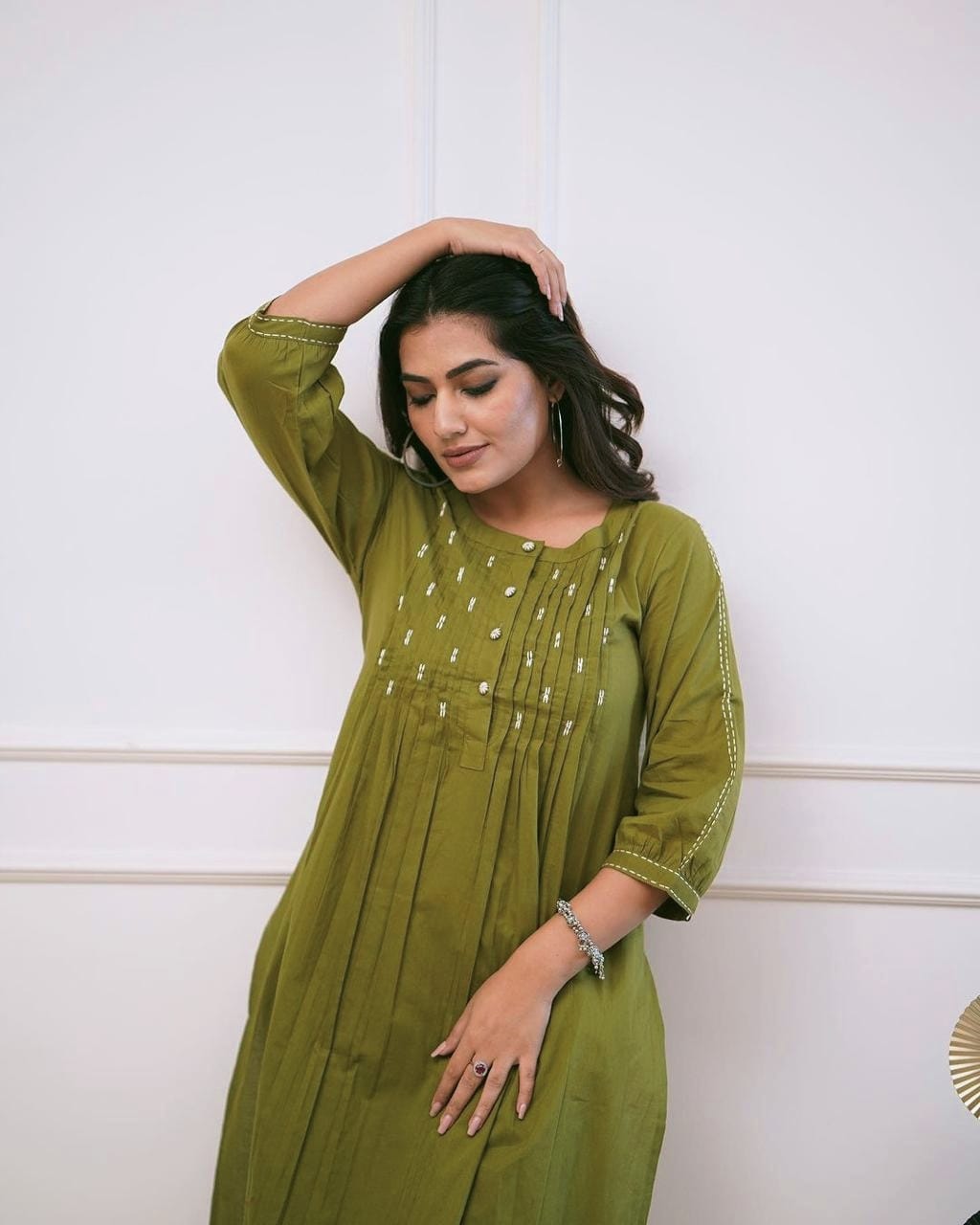 Women's Pintex & Manual Tagai Work A-Line Kurti Set with Pants