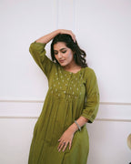 Women's Pintex & Manual Tagai Work A-Line Kurti Set with Pants