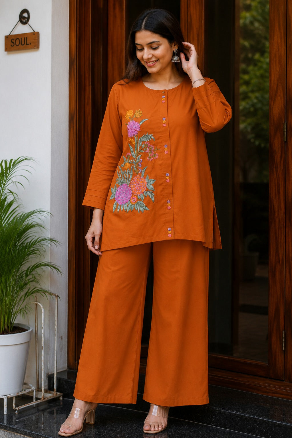 Women's Premium Cotton Embroidered Co-Ord Set with Wide-Leg Pants